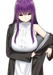  1girl breasts closed_mouth fern_(sousou_no_frieren) highres large_breasts long_hair long_sleeves off_shoulder purple_eyes purple_hair shirt sidelocks simple_background single_bare_shoulder sky-freedom solo sousou_no_frieren white_background white_shirt 
