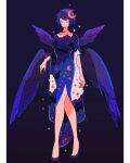  1girl alternate_costume bare_legs black_footwear blue_feathers closed_eyes crescent crescent_hair_ornament crescent_moon dress feathers full_body genshin_impact hair_ornament highres kujou_sara long_sleeves meyoco moon multiple_wings no_nose print_dress purple_feathers purple_hair short_hair solo standing wide_sleeves wings 