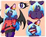  anthro bat belt blue_hair bottomwear breasts choker clothing colored_nails ear_piercing exposed_shoulders fangs female hair hair_over_eye highlights_(coloring) jewelry looking_at_viewer mammal miniscule_(minisculeiscool) multiple_angles nails necklace one_eye_obstructed open_mouth piercing simple_background skirt solo sweater tail teeth topwear wings 