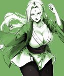  1girl absurdres arm_up artist_name breasts cleavage closed_mouth collarbone facial_mark floating_hair forehead forehead_mark green_background green_theme hair_intakes haori highres japanese_clothes large_breasts lips long_hair missfaves monochrome naruto naruto_(series) pants sash shirt solo tsunade_(naruto) 