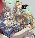  1boy 1girl belt bird blonde_hair bow breasts castlevania castlevania:_symphony_of_the_night chair cleavage closed_mouth crow dress gloves grel_(r6hgvu5) hair_ribbon long_hair maria_renard red_eyes ribbon richter_belmont simple_background sitting smile very_long_hair 