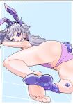  1girl :d animal_ears ass blush fake_animal_ears fake_tail from_behind gem grey_hair hair_flaps headpiece highres hololive hololive_english jewel_under_eye koseki_bijou leotard long_hair looking_back lying moral_cacoethes on_stomach purple_eyes purple_gemstone purple_leotard pussy pussy_peek rabbit_ears rabbit_tail smile solo tail teeth upper_teeth_only very_long_hair virtual_youtuber 
