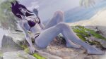  1girl 3d beach bikini cigarette highres holding holding_cigarette league_of_legends morgana_(league_of_legends) otaviox6 purple_bikini purple_hair smoking swimsuit 