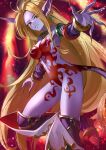  1girl animal_ears blonde_hair blue_skin breasts breath_of_fire breath_of_fire_ii colored_skin earrings foot_out_of_frame highres jewelry kansya long_hair looking_at_viewer navel pointy_ears purple_skin rinpoo_chuan smile solo tail 
