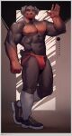  abs absurd_res anthro brown_body brown_fur bulge canid canine canis claws clothing domestic_dog floppy_ears footwear fur hi_res jockstrap male mammal mastiff molosser momohseki mostly_nude muscular muscular_anthro muscular_male pecs rottweiler shoes smile sneakers socks solo underwear 