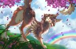  adelar_elric all_fours ambiguous_gender blue_eyes brown_body brown_fur canid canine canis domestic_dog feral fur grass looking_back mammal outside plant rainbow raised_tail rear_view solo tail tongue tongue_out 