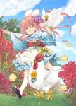  1girl ahoge animal bird blue_dress blue_ribbon blue_sky chicken child cloud cloudy_sky day dress female_child flower full_body hair_flower hair_ornament long_hair on_grass open_mouth original red_flower red_hair ribbon rooster running shinonome_moegi sky smile solo 