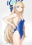  1girl absurdres animal_ears bare_shoulders blonde_hair blue_archive blue_eyes blue_leotard blush braid breasts collarbone earpiece fake_animal_ears fake_tail french_braid halo highleg highleg_leotard highres leotard long_hair looking_at_viewer oniku_(oishii_oniku) playboy_bunny rabbit_ears rabbit_tail small_breasts solo tail thighhighs thighs toki_(blue_archive) toki_(bunny)_(blue_archive) white_thighhighs wrist_cuffs 