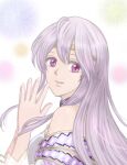  1girl bare_shoulders chatarou_(chatachata0201) circlet dress fire_emblem fire_emblem:_genealogy_of_the_holy_war from_side julia_(fire_emblem) looking_at_viewer own_hands_clasped own_hands_together purple_eyes purple_hair simple_background solo 