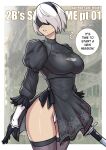  1girl 2b_(nier:automata) black_blindfold black_hairband black_thighhighs blindfold breasts covered_eyes english_text feather-trimmed_sleeves feather_trim grey_hair hairband juliet_sleeves katana large_breasts leotard long_sleeves mole mole_under_mouth nier:automata nier_(series) puffy_sleeves redjet short_hair solo speech_bubble sword thighhighs weapon white_leotard 