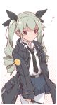  1girl anchovy_(girls_und_panzer) anzio_school_uniform artist_name belt black_belt black_coat black_necktie black_ribbon blue_skirt closed_mouth coat commentary cowboy_shot dress_shirt drill_hair emblem girls_und_panzer green_hair hair_ribbon holding_riding_crop long_hair long_sleeves looking_at_viewer loose_necktie miniskirt necktie open_clothes open_coat pantyhose pleated_skirt red_eyes ribbon riding_crop school_uniform shirt skirt smile solo standing twin_drills twintails vri_(tinder_box) white_background white_pantyhose white_shirt wing_collar 