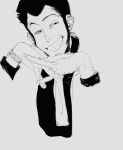  1boy arm_hair arsene_lupin_iii bags_under_eyes blending dcanine_(blackdo70460708) fingernails grin highres interlocked_fingers knuckle_hair long_sideburns long_sleeves lupin_iii male_focus monochrome necktie short_hair sideburns sketch smile squinting watch wristwatch 