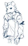  anthro arknights clothed clothing ear_piercing eyebrow_piercing facial_piercing fingerless_gloves gloves half-length_portrait handwear harukaze110 hyena hypergryph jacket looking_at_viewer male mammal open_clothing piercing portrait sketch solo spot_(arknights) studio_montagne topwear 