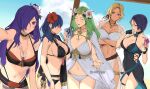  5girls bare_shoulders beach bikini black_bikini black_choker black_one-piece_swimsuit blonde_hair blue_eyes blue_hair breasts byleth_(female)_(fire_emblem) byleth_(female)_(summer)_(fire_emblem) byleth_(fire_emblem) catherine_(fire_emblem) catherine_(summer)_(fire_emblem) choker cleavage commentary covered_navel fire_emblem fire_emblem:_three_houses fire_emblem_heroes fire_emblem_warriors:_three_hopes flower green_hair hair_between_eyes hair_flower hair_ornament hair_over_one_eye hibiscus highres large_breasts long_hair midriff multiple_girls navel official_alternate_costume one-piece_swimsuit open_mouth purple_eyes purple_hair rhea_(summer)_(fire_emblem) shamir_nevrand shamir_nevrand_(summer) shez_(female)_(fire_emblem) shez_(female)_(summer)_(fire_emblem) shez_(fire_emblem) short_hair smile stomach swimsuit ushiomi white_bikini yellow_flower 