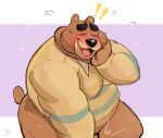  2023 animal_crossing anthro barely_visible_genitalia barely_visible_penis bear belly big_belly black_nose blush brown_body clothing debudraws eyes_closed genitals hi_res male mammal nintendo overweight overweight_male penis shirt solo teddy_(animal_crossing) topwear 