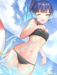  1girl absurdres artist_logo artist_name ass_visible_through_thighs ball beach beachball bikini bikini_bottom_only black_sports_bra blue_hair blunt_bangs blush breasts cloud dutch_angle fiery_hair glowing_lines hand_up highres horizon lens_flare ocean one_eye_closed open_mouth outdoors sena_(xenoblade) side_ponytail small_breasts solo splashing sports_bra swimsuit twitter_username wading water xenoblade_chronicles_(series) xenoblade_chronicles_3 yellow_eyes zambonito 