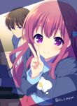  1boy 1girl :t black_sweater blue_eyes blush cheek_press closed_mouth commentary frown fuyuichi_monme girlish_number hair_between_eyes hand_up karasuma_chitose_(girlish_number) karasuma_gojou long_hair long_sleeves looking_at_another looking_at_viewer purple_eyes red_hair sidelocks sitting smile solo_focus standing straight-on sweater twitter_username v viewfinder 