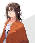  1girl bang_dream! blue_eyes breasts brown_hair closed_mouth collarbone commentary_request crossed_bangs hair_between_eyes hair_ornament hairclip jacket looking_at_viewer medium_hair okusawa_misaki orange_jacket sen&#039;yuu_yuuji shade shirt simple_background small_breasts solo white_background white_shirt 