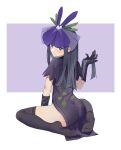  1girl black_gloves black_hair china_dress chinese_clothes dress elbow_gloves flower flower_on_head fruit_print full_body gloves grape_print leaf_print long_hair looking_at_viewer looking_back orchid puffy_short_sleeves puffy_sleeves purple_dress short_sleeves solo song113 touhou unfinished_dream_of_all_living_ghost vine_print yomotsu_hisami 