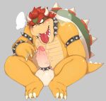  2022 accessory armband balls blush bodily_fluids bowser cock_ring collar erection genital_fluids genitals hair hi_res humanoid_genitalia humanoid_penis jewelry koopa male mario_bros nintendo penis penis_accessory penis_jewelry precum put2littlemore red_hair scalie shell solo spiked_armband spiked_collar spikes tongue tongue_out yellow_body 