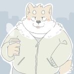  2023 anthro black_nose blush brown_body canid canine canis clothing domestic_dog fugashi4090 humanoid_hands kemono male mammal overweight overweight_male solo sweater tongue tongue_out topwear 