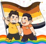  2boys :d arm_hair bara bear_flag chibi confetti couple daisukebear facial_hair flag full_body goatee holding holding_flag lgbt_pride long_sideburns male_focus merchandise multiple_boys one_eye_closed original pants plump pride_month rainbow shiba_inu shirt short_hair sideburns smile t-shirt thick_eyebrows walking yaoi 