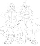  2021 absurd_res anthro big_breasts blush bottomwear breasts canid canine canis clothing domestic_dog duo female footwear freebird11 hand_on_hip hi_res looking_aside mammal mohawk pants shoes simple_background skirt smile white_background 