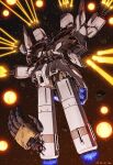  asteroid beam_cannon daue disembodied_limb explosion firing glowing glowing_eye gundam gundam_narrative highres ii_neo_zeong mecha mobile_armor no_humans red_eyes robot science_fiction signature solo space star_(sky) thrusters 