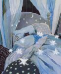  1other animal beco_plus81 bed black_background black_cat canopy_bed cat closed_eyes closed_mouth crescent curtains frilled_pillow frills highres no_humans original painting_(medium) pillow sleeping solo star_(symbol) traditional_media under_covers 