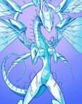  absurd_res anthro blue-eyes_white_dragon blue_body blue_eyes breasts claws crystal deep-eyes_white_dragon duel_monster female genitals glistening glistening_body glistening_eyes grabbing_own_breast hand_on_breast hi_res markings nipples pussy simple_background slim small_waist solo spikes standing tail white_body wings xzorgothoth yu-gi-oh! 
