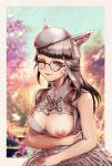  1girl animal_ears beret black-framed_eyewear blue_eyes breasts brown_hair cat_ears cleavage cleavage_cutout closed_mouth clothing_cutout dress ear_flower facial_mark final_fantasy final_fantasy_xiv glasses grey_dress grey_headwear hat highres large_breasts lochris long_hair looking_at_viewer miqo&#039;te nipples no_bra one_breast_out one_eye_closed own_hands_together round_eyewear slit_pupils smile solo warrior_of_light_(ff14) whisker_markings 