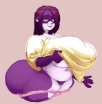  anthro belly belly_overhang big_breasts big_butt bottomless breasts butt clothed clothing clothing_lift collar countershading daigo female fur hi_res huge_breasts lidded_eyes looking_at_viewer mammal navel overweight overweight_female panties_around_legs pantsless procyonid pubes purple_body purple_fur raccoon shina_(daigo) shirt shirt_lift smile solo topwear under_boob 