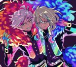 2boys backlighting belt black_jacket blonde_hair blue_gloves blue_hair closed_mouth commentary_request fur-trimmed_jacket fur_trim gloves glowing_clothes grin hair_between_eyes hand_up idol_clothes idol_land_pripara jacket long_hair long_sleeves looking_at_viewer looking_to_the_side male_focus multicolored_hair multiple_boys ooedo_shinya open_mouth pink_gloves pink_hair pretty_(series) pripara purple_background purple_eyes rituyama1 short_hair simple_background smile standing streaked_hair ushimitsu_(pripara) white_belt 