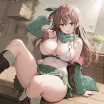  1girl breasts brown_hair cleavage commentary day green_eyes green_ribbon hair_ribbon highres jacket knee_up long_hair long_sleeves medium_breasts navel nifry_(nymph_rhythm) nymph_rhythm off_shoulder open_clothes open_jacket open_mouth original outdoors ribbon scarf sitting skirt smile solo 