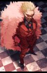  1boy absurdres black_footwear black_shirt blonde_hair checkered_floor chromatic_aberration collared_shirt donquixote_doflamingo earrings feather_boa from_above full_body gold_earrings grin hand_in_pocket highres jacket jewelry long_sleeves male_focus mirin_(coene65) necktie one_piece red-tinted_eyewear red_jacket red_necktie shirt short_hair signature smile spiked_hair tinted_eyewear white-framed_eyewear 