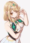  1girl absurdres alternate_hair_length alternate_hairstyle arm_under_breasts bare_arms bare_shoulders blonde_hair breasts chest_jewel cleavage cleavage_cutout closed_mouth clothing_cutout commentary_request dress drop_earrings earrings hand_up highres jewelry large_breasts light_blush looking_at_viewer mythra_(xenoblade) nakaken playing_with_own_hair short_dress short_hair simple_background solo star_(symbol) star_earrings white_dress xenoblade_chronicles_(series) xenoblade_chronicles_2 yellow_eyes 