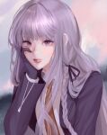  1girl black_gloves black_ribbon breasts brown_necktie closed_mouth commentary_request danganronpa:_trigger_happy_havoc danganronpa_(series) gloves hair_ribbon hand_on_own_cheek hand_on_own_face hand_up highres jacket kirigiri_kyoko kkochmeli korean_commentary long_hair looking_at_viewer medium_breasts necktie open_clothes open_jacket pink_eyes pink_hair purple_eyes purple_jacket ribbon solo upper_body 