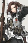  1girl adjusting_hair apron arm_up asterisk_kome binoculars black_bow black_bowtie bolt_action bow bowtie brown_hair epaulettes frilled_apron frilled_gloves frilled_skirt frills gina_wallace gloves green_eyes gun hand_guard hand_in_own_hair heroes_of_order highres holding holding_rifle holding_weapon looking_at_viewer maid maid_apron maid_headdress medal medium_hair open_mouth scabbard scope sheath simple_background skirt solo_focus sword weapon white_background 