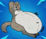  after_vore anthro black_claws black_nose bloated blue_background canid canine canis claws deep_navel dire_(fortnite) epic_games fangs feet fortnite fur grey_body grey_fur happy hi_res huge_belly kaiipwilde_(artist) male mammal navel simple_background sitting solo tail teeth toes vore were werecanid werecanine werewolf wolf yellow_eyes 
