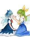  2girls absurdres ascot blue_bow blue_dress blue_eyes blue_flower blue_hair blue_skirt blue_vest blush bow cirno closed_eyes collared_shirt daiyousei detached_wings dress fairy fairy_wings flower green_hair hair_bow highres ice ice_wings long_hair multiple_girls niseneko_(mofumofu_ga_ienai) open_mouth puffy_short_sleeves puffy_sleeves shirt short_hair short_sleeves side_ponytail simple_background skirt smile touhou twitter_username vest white_background white_shirt wings yellow_ascot 