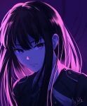  1girl backlighting black_hair chxoswolf closed_mouth english_commentary expressionless inoue_takina jacket long_hair looking_at_viewer lycoris_recoil lycoris_uniform neon_palette pink_theme portrait purple_background purple_eyes purple_theme serious signature solo 