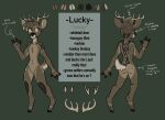  anthro antlers brown_body brown_eyes brown_fur brown_hair bucklucky butt chest_tuft deer english_text featureless_crotch front_view fur glistening glistening_eyes green_background hair horn lucky_(bucklucky) male mammal model_sheet mouth_closed no_pupils nude rear_view simple_background solo spots spotted_body spotted_fur spotted_legs spotted_shoulders standing text trans_(lore) trans_man_(lore) tuft 