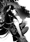  1girl akamurakoh arm_support ass breasts eyelashes greyscale hair_ornament large_breasts long_hair long_sleeves looking_at_viewer looking_up monochrome nue_(nue_no_onmyouji) nue_no_onmyouji pantyhose sidelocks sitting sitting_on_branch smile solo tree very_long_hair 