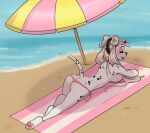  anthro beach bikini bikini_top black_spots blonde_highlights breasts brown_hair butt cadaverrdog canid canine canis clothed clothing dalmatian daphne_(cadaverrdog) domestic_dog ear_piercing eyes_closed female fur hair hi_res highlights_(coloring) lips lying lying_on_ground mammal markings on_front pawpads paws piercing pigtails pink_pawpads seaside side_boob solo spots spotted_body spotted_fur spotted_markings sunbathing swimwear thick_bottom_lip topless topless_anthro topless_female white_body white_fur 