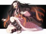  1girl asa_no_ha_(pattern) bamboo black_background black_hair full_body gradient_hair hair_ribbon hakusai_(tiahszld) japanese_clothes kamado_nezuko kimetsu_no_yaiba kimono kneeling long_hair mouth_hold multicolored_hair obi on_one_knee pink_eyes pink_kimono red_hair ribbon sash simple_background solo white_background 