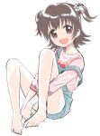  1girl akagi_miria amezawa_koma bare_legs barefoot blush brown_eyes brown_hair full_body hair_bobbles hair_ornament highres idolmaster idolmaster_cinderella_girls looking_at_viewer open_mouth overall_shorts overalls pink_shirt shirt short_hair simple_background sketch smile solo strap_slip toes two_side_up white_background 