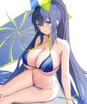  1girl asurada_yui azur_lane bare_shoulders beach_umbrella bikini blue_bikini blue_eyes blue_hair breasts cleavage closed_mouth collarbone high_ponytail highres large_breasts navel new_jersey_(azur_lane) new_jersey_(midsummer_leisure)_(azur_lane) official_alternate_costume simple_background sitting smile solo stomach swimsuit umbrella white_background 