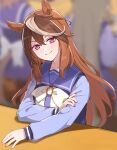  1girl absurdres animal_ears blurry blurry_background blush bow bowtie breasts brown_hair closed_mouth head_tilt highres horse_ears indoors kusanagi_kaoru long_hair long_sleeves looking_at_viewer multicolored_hair outstretched_arm purple_eyes purple_shirt sailor_collar school_uniform shirt small_breasts smile solo streaked_hair symboli_rudolf_(umamusume) table tracen_school_uniform umamusume upper_body 