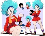  1girl 2boys afro arm_support armor big_hair black_eyes black_hair black_shirt blue_eyes blue_hair blue_hairband blush breasts bulma chasing closed_mouth cross_scar dragon_ball dragon_ball_z dress earrings gloves hairband heart heart-shaped_eyes highres jewelry lipstick long_sleeves makeup multiple_boys multiple_views open_mouth orange_dress running scar scar_on_cheek scar_on_face scott_malin shirt sitting smile spiked_hair standing tearing_up vegeta white_gloves yamcha 