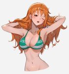  1girl arms_up bikini breasts brown_eyes cleavage collarbone cropped_torso earrings green_bikini grey_background groin hair_lift highres jewelry large_breasts long_hair looking_at_viewer nami_(one_piece) navel one_eye_closed open_mouth orange_hair pearl_earrings shoulder_tattoo solo sooon swimsuit tattoo 
